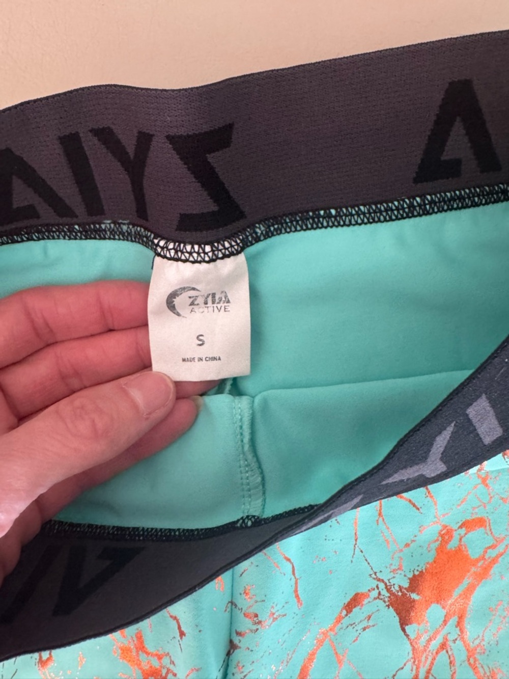 Zyia Aqua & Gold Marble Active Shorts View 3